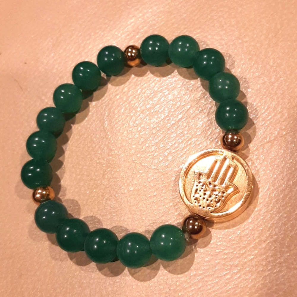 Hamsa Hand Stretch Bracelet with Green Stones and Gold Accents